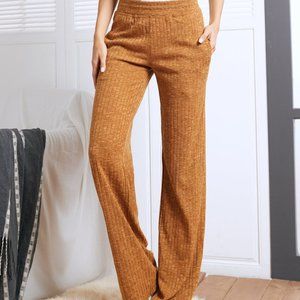 Marled Camel Ribbed Straight Wide Leg Pants